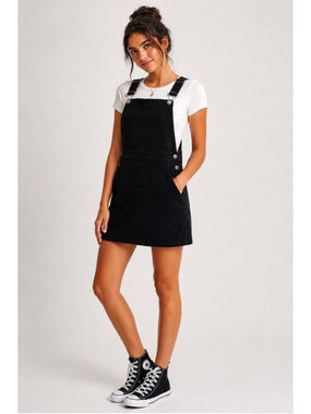 Black Overall Dress Pinafore Mini Adjustable Straps Pocket Casual XS